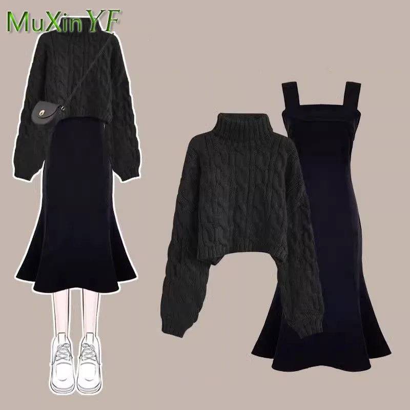 Women's Autumn Winter Loose High Neck Knitted Sweater Suspender Dress Two-piece Korean Elegant Pullover Strap Skirt Matching Set