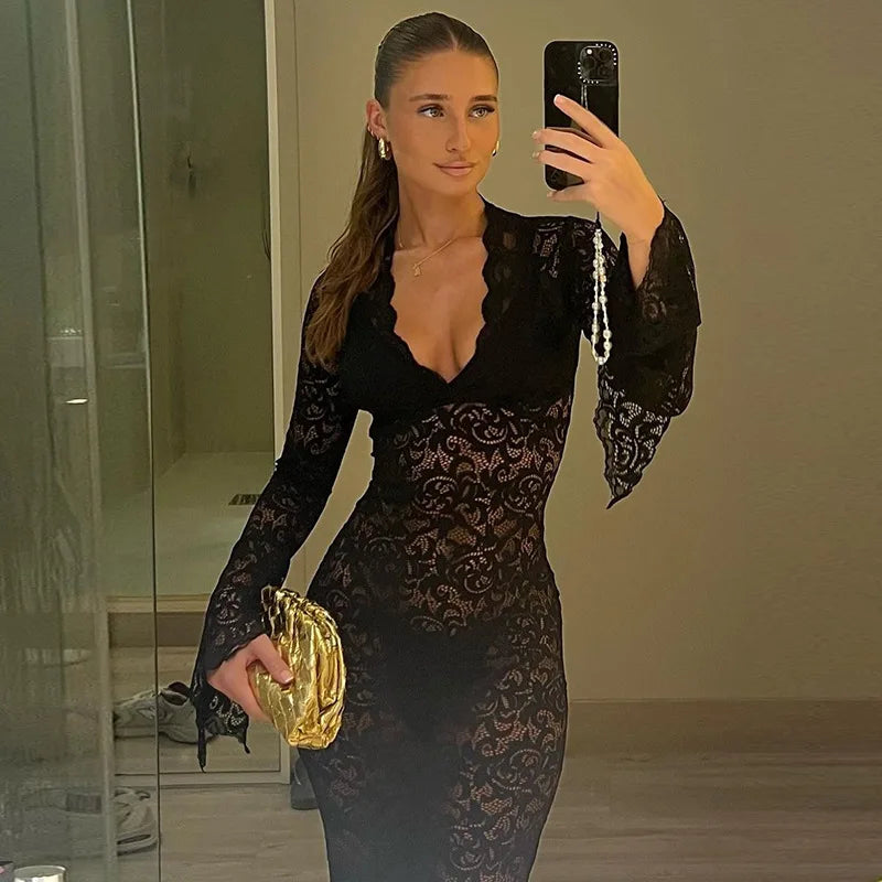 Cryptographic Lace Transparent Sexy Hollow Out Maxi Dress Elegant Outfits Women Flare Sleeve V Neck Dresses Party Club Vestido black