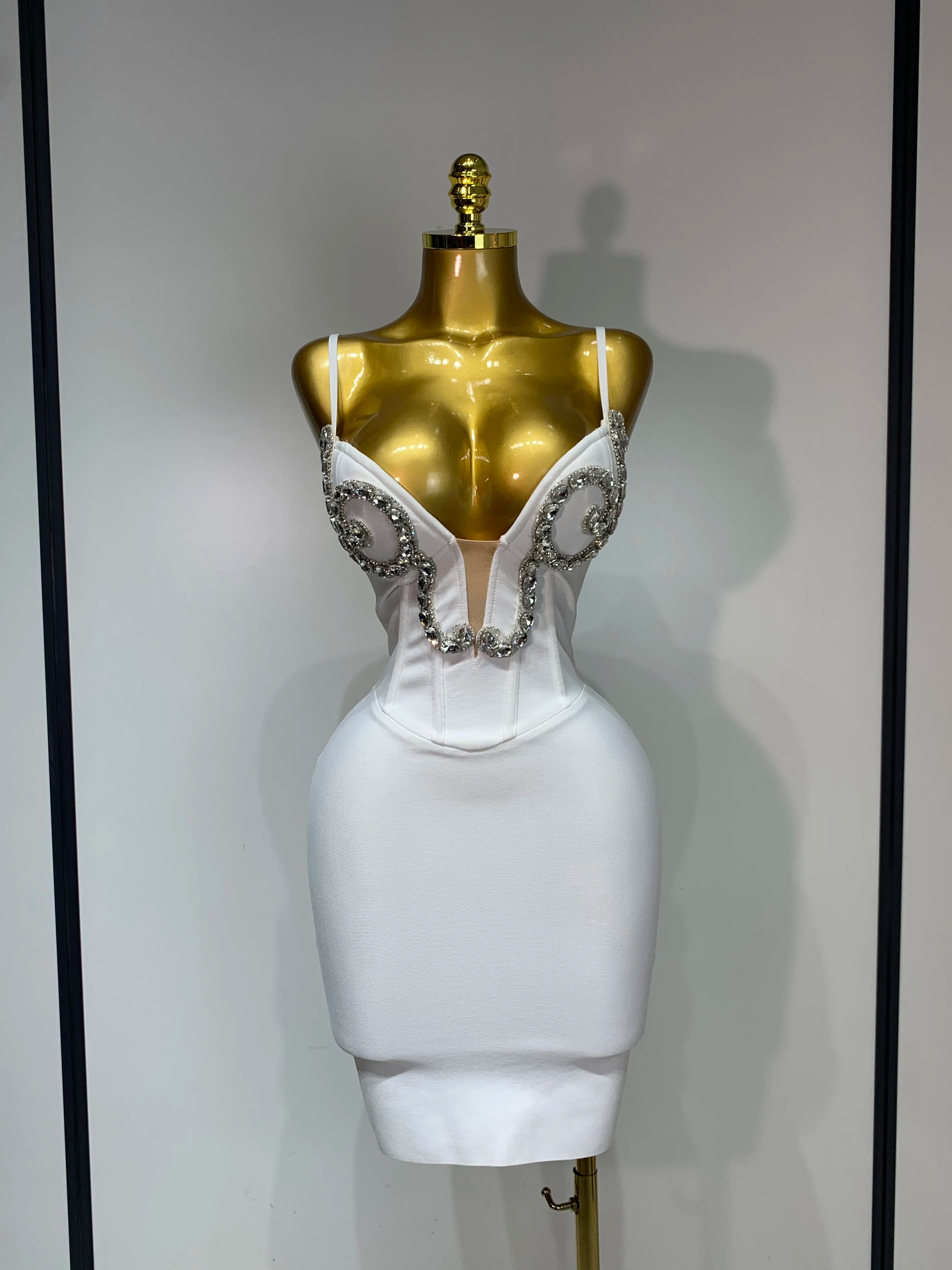 Women Sexy Spaghetti Strap V Neck Crystal Sleeveless Bandage Dress White Elegant Evening Party Cocktail  Luxury Birthday Gowns