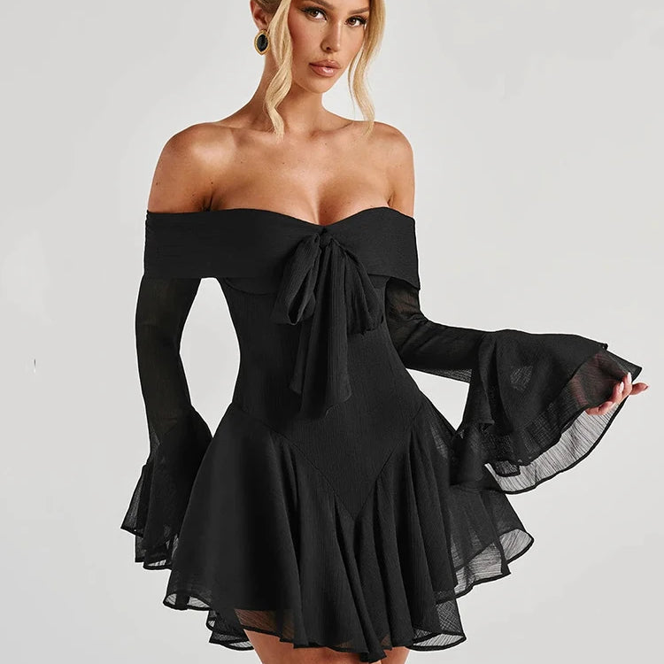 Strapless Long Flare Sleeve Sexy Mini Dress For Women Robe Off-shoulder Backless High Waist A-line Club Party Dress