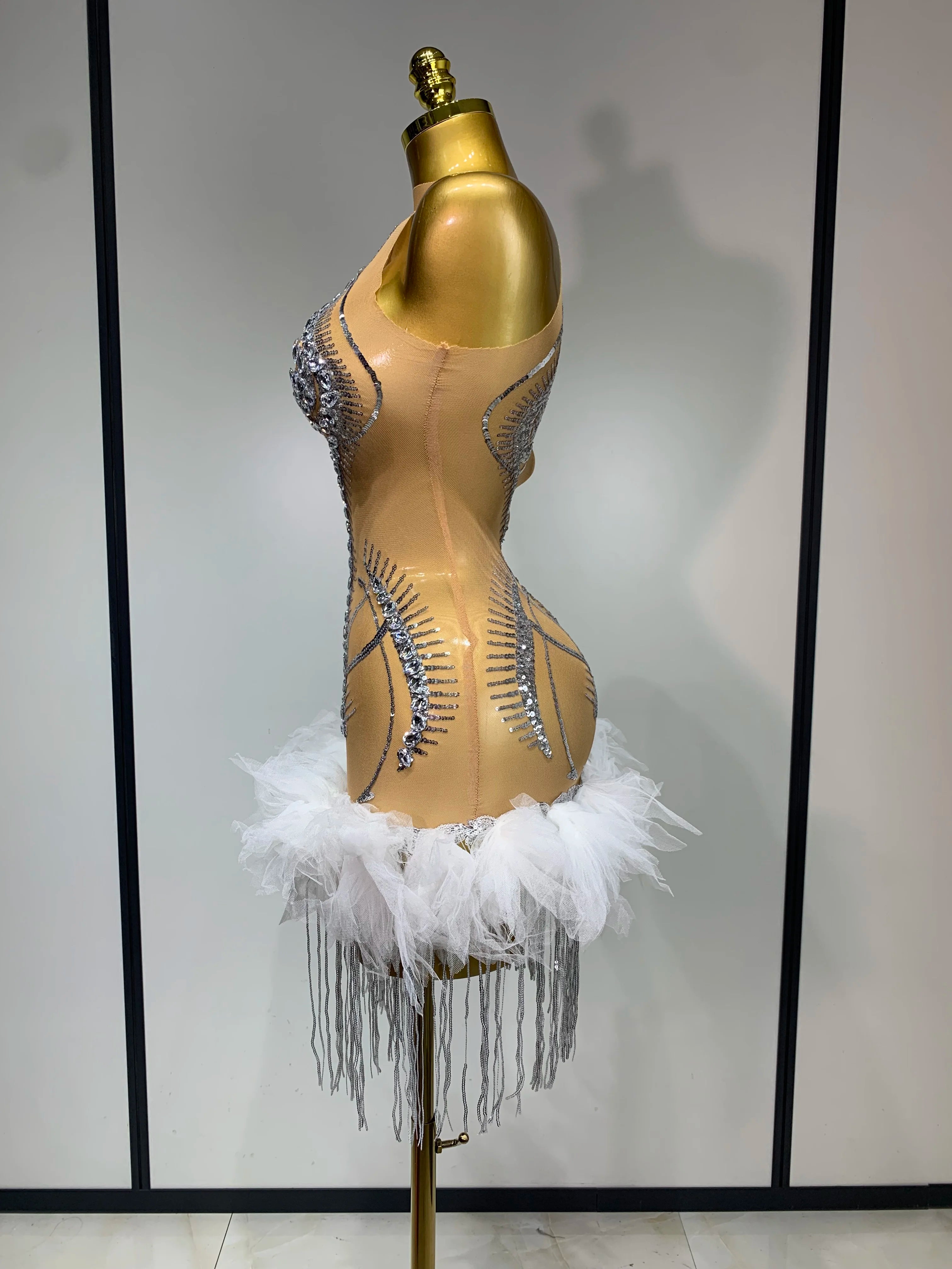 Luxury Party Cocktail Short Dress Women Mesh Sexy See Through Rhinestones Tassel Dress Nightclub Perform Singer Stage Costume