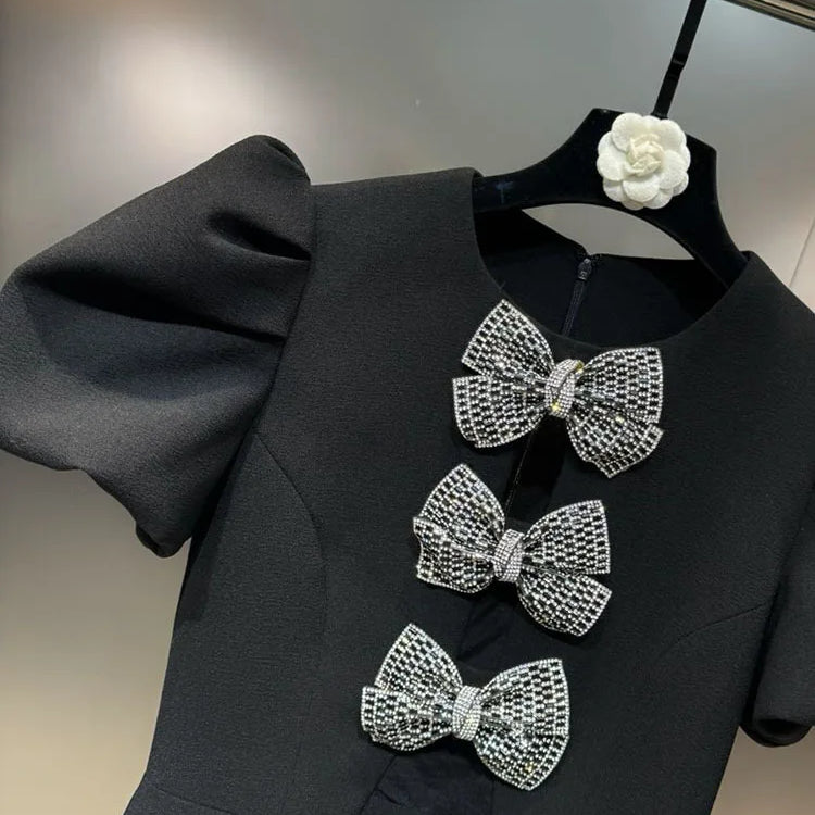 DEAT Fashion New Items Women's Diamonds Bows Hollow Out Spring Trendy Round Neck Puff Sleeves Dresses Female 11XX8796