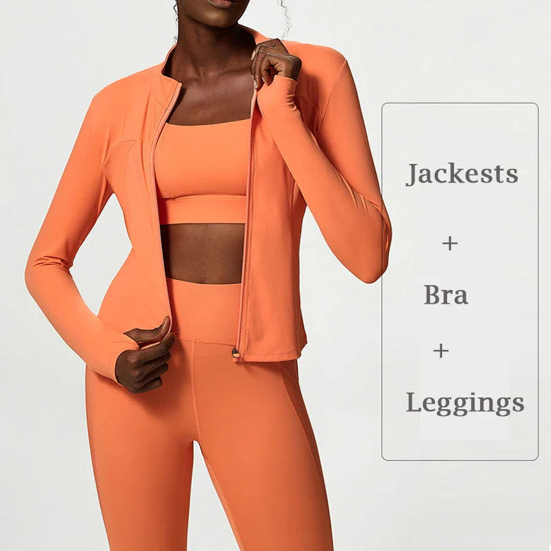 Plus Size Tracksuits Women's Yoga Set Sports Gym Jackets + Bra + Leggings Clothes for Women Sport Outfit Fitness Suit Orange 3pcs