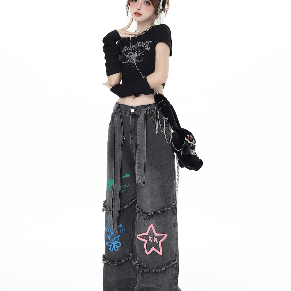 American Retro Graffiti Women's Jeans Autumn Winter Casual Star Jeans for Women Patchwork Women High Waist Y2K Pants with Belt