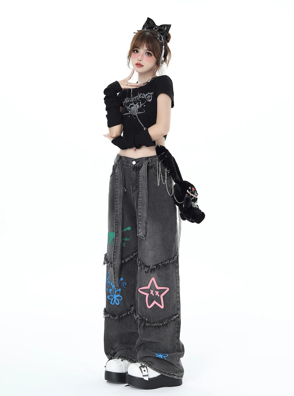 American Retro Graffiti Women's Jeans Autumn Winter Casual Star Jeans for Women Patchwork Women High Waist Y2K Pants with Belt