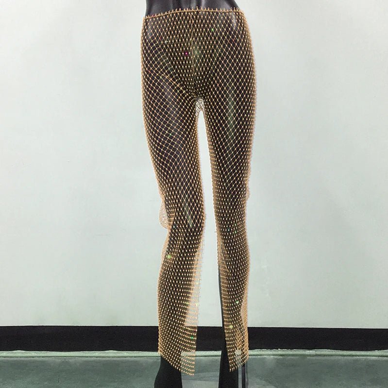 Bling Rhinestone See Through Fishnet Trousers For Women Sexy Mesh Hollow Out Side Split Long Bottoms Pants Club Party Trousers Skin Color One Size