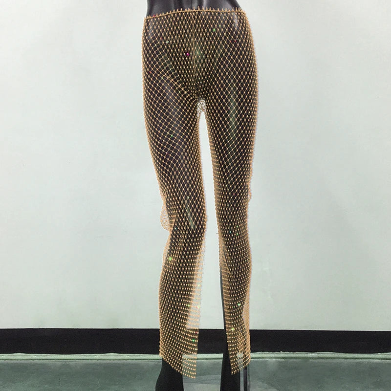Bling Rhinestone See Through Fishnet Trousers For Women Sexy Mesh Hollow Out Side Split Long Bottoms Pants Club Party Trousers Skin Color One Size