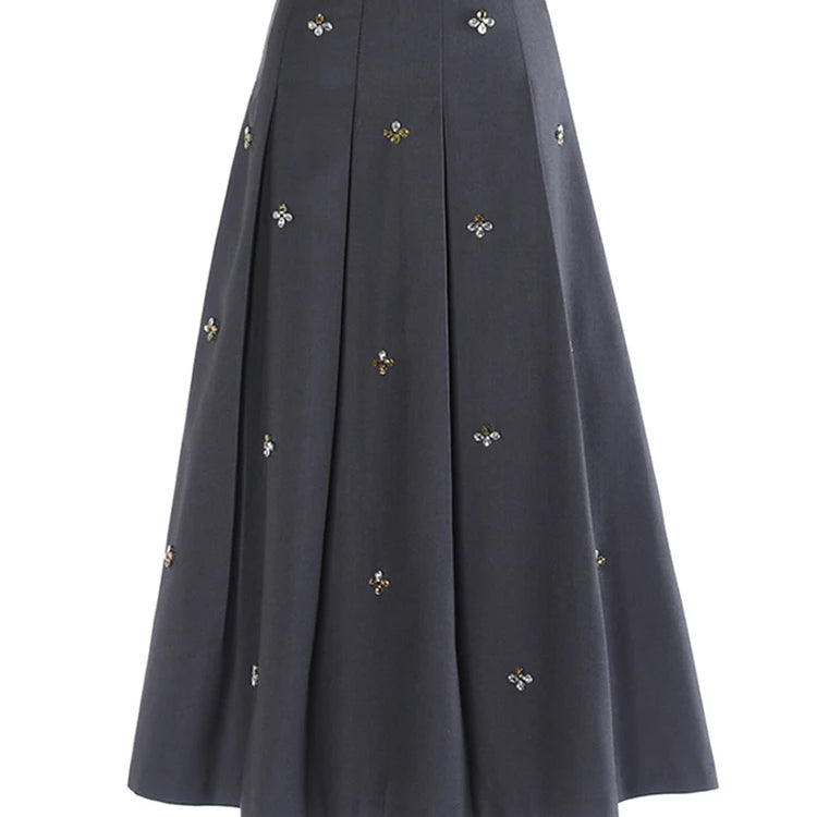 [EAM] High Elastic Black Rhinestones Pleated Elegant A-line Half-body Skirt Women Fashion Tide New Spring Autumn 2025 1DH2565