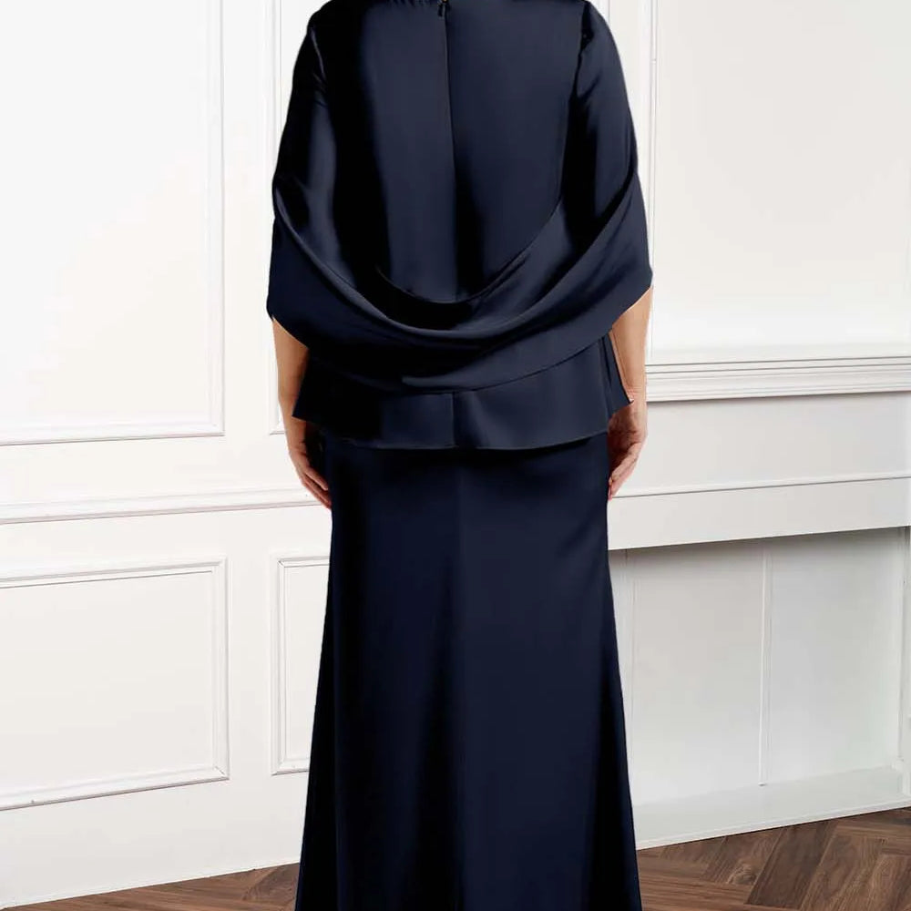 Women's Dress Plus Size Party Wedding Guest Cocktail Fake Two Piece Satin Asymmetric Cloak Sleeve Elegant Layered Maxi Dresses
