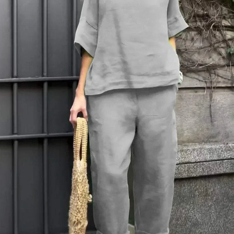 Summer Fashion New Style Matching Series Round Neck Cotton Linen Top High Waist Wide Leg Long Pants Set Plus Size Women's Wear