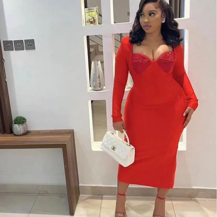 Vestido longo feminino, preto, vermelho, manga longa, sexy, gola quadrada, strass, bandagem justa, boate, festa, comemoração