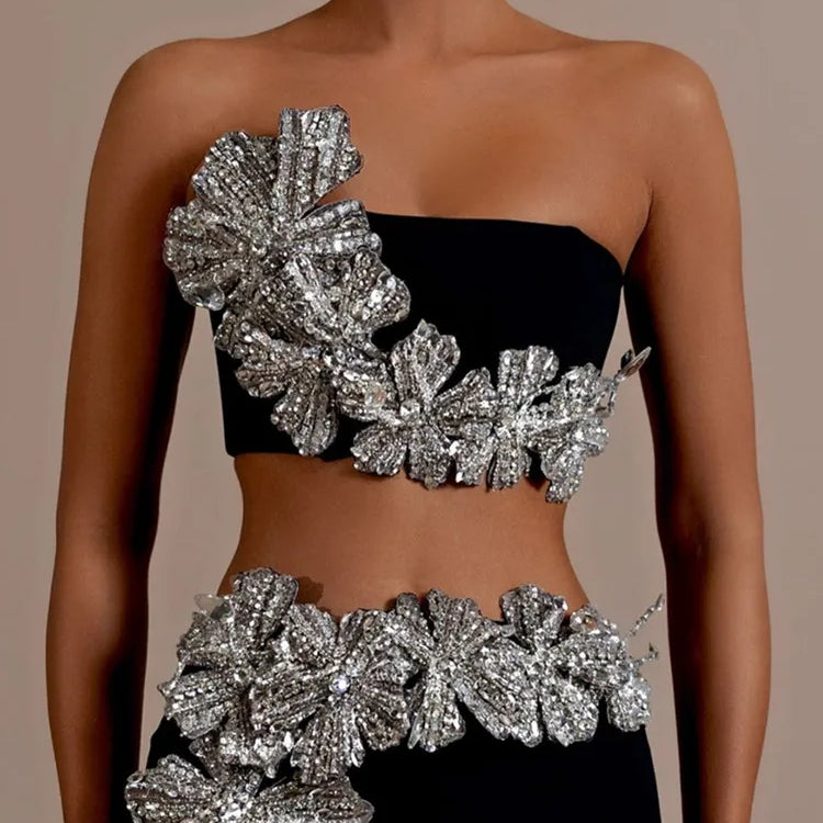 Women Sexy Strapless Flower Diamonds Crystal Black Maxi Long Bandage Skirt Set Knitted Elegant Evening Club Party Clothing