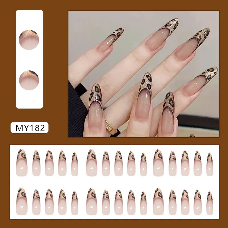 24pcs French Cat Eye Leopard Print Press on Nails Simple Short Nails Full Cover Wearable False Nails