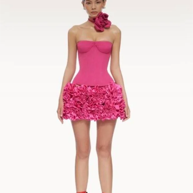 Red Pink Color Women Sexy Strapless Laced-up Bodycon Tops Florals Mini 2 Pieces Dress Celebrate Christmas Evening Party Dress