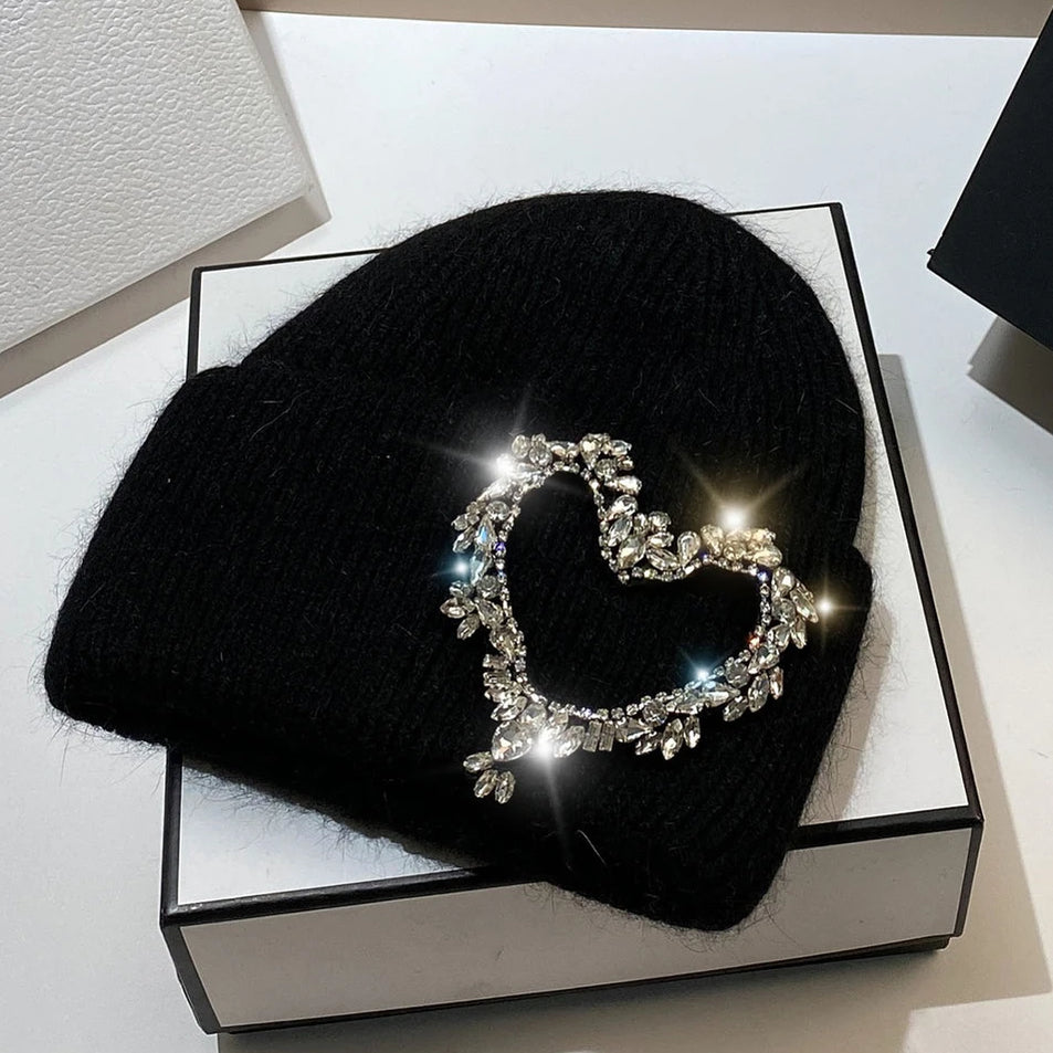 Luxury Heart Rhinestone Winter Beanies Women Solid Color Real Rabbit Fur Knitted Hat Lady Fashion Warm Pullover Caps Gifts black Adult