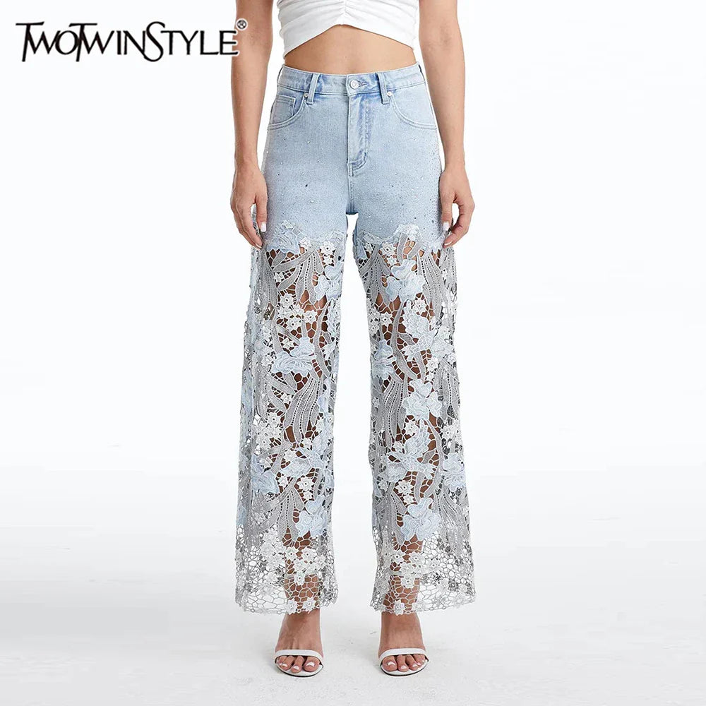 Solid Loose Spliced Hollow Out Fashion Jeans for Women High Waist Patchwork Applique Wide Leg Pants Female Clothing