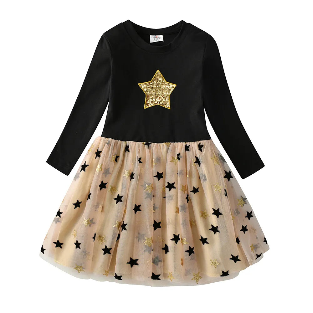 Girls Long Sleeves Dress Star Sequins Party Princess Dress Children Casual Clothing Daily Clothes Infantil Vestidos Gift LH4880