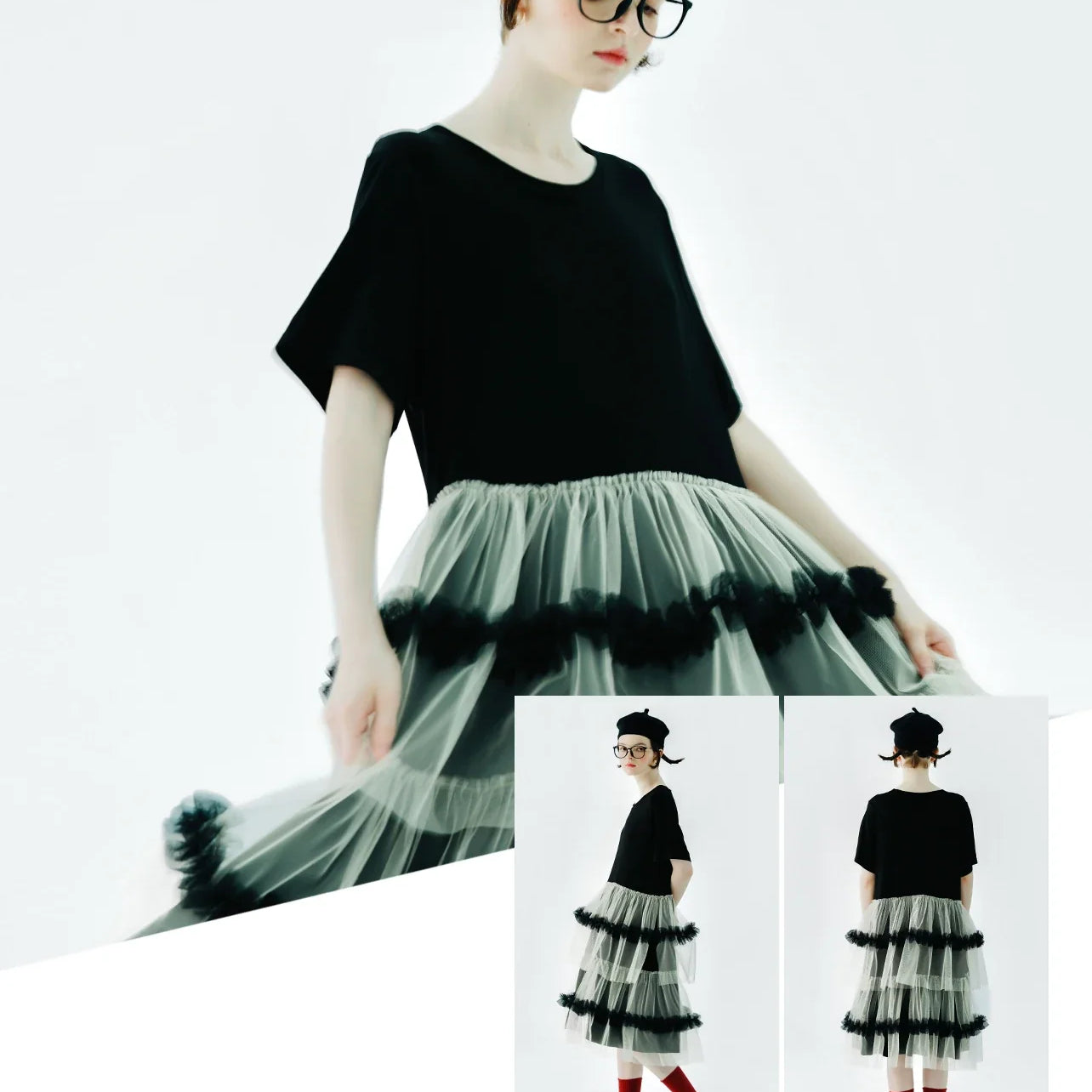 IMAKOKONI Original Design Black Short Sleeve Dress Mesh Splice Casual Loose Fit Dress 234147