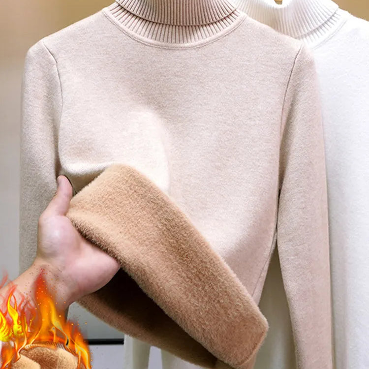 Turtleneck vintertröja kvinnor elegant förtjockar sammet fodrad varm sueter stickad pullover smala toppar tröja stickade kläder jumper ny