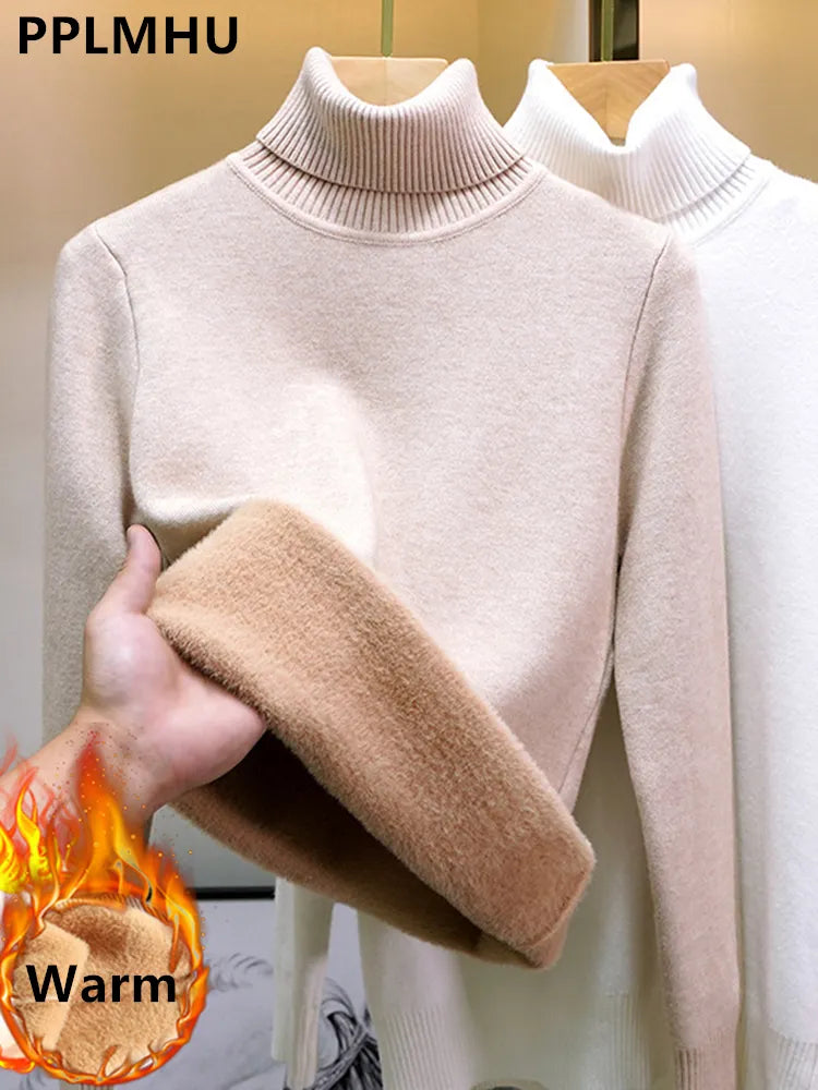 Turtleneck vintertröja kvinnor elegant förtjockar sammet fodrad varm sueter stickad pullover smala toppar tröja stickade kläder jumper ny