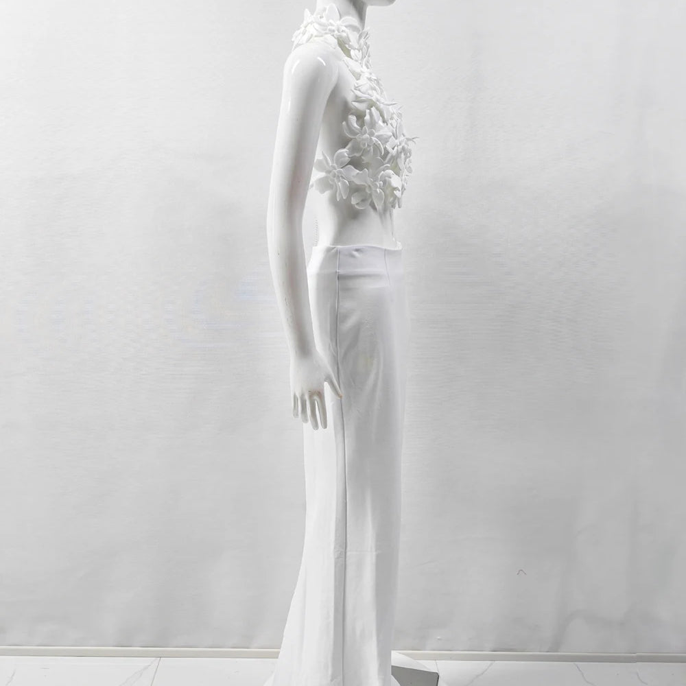 White Elegant 3D Flowers Hollow Out Beach Dresses Set Sexy See Though Crop Tops Long Skirts Women Sets Summer Female Outfits