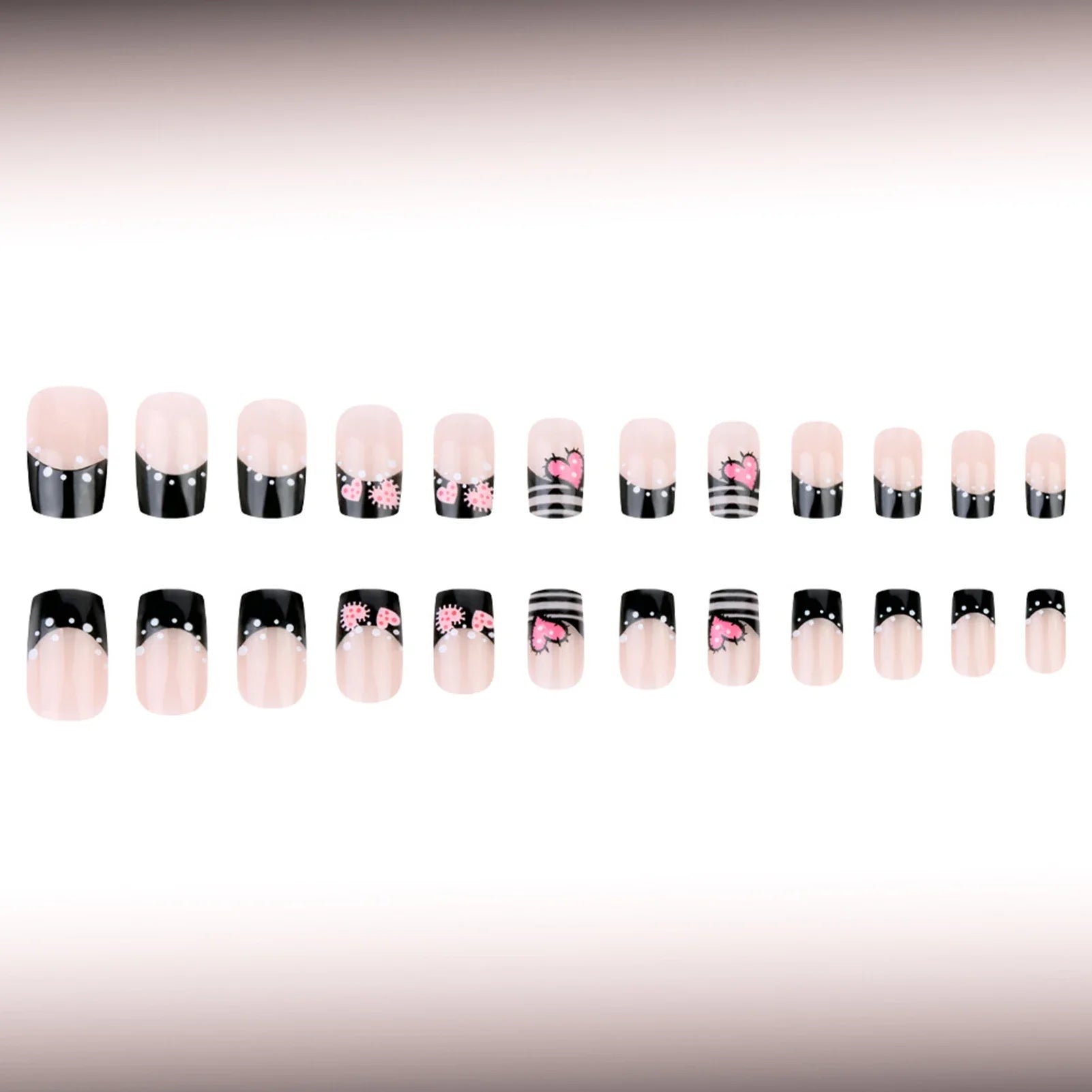 Y2K Girls Black French Fake Nails 24Pcs Short Square Press On Nails Pink Love Heart/Dot Printed Valentine's Day Charm Manicure