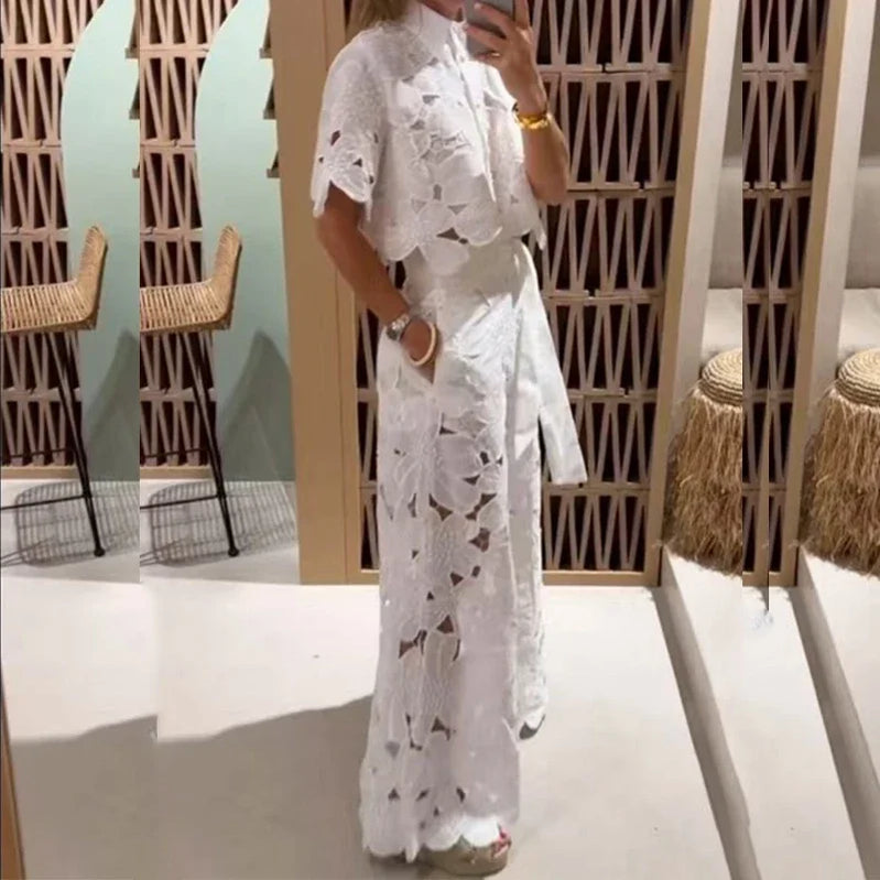 Sexy Women Lace Embroidery Hook Flower Hollow 2 Pieces Summer Temperament Solid Color Tailored Collar Top+Wide Leg Pants Suit A1 White