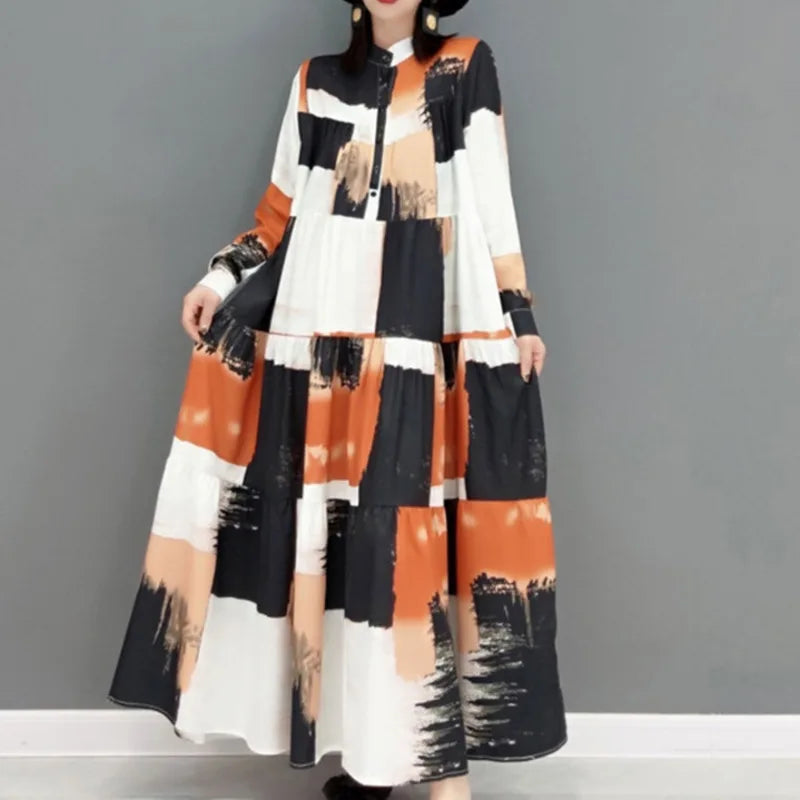 SHENGPALAE 2024 Autumn Fashion Tide Dress For Women Stand-up Collar Long Sleeve Printing Elegant Loose Fit Female Robe 5AE209 Yellow L