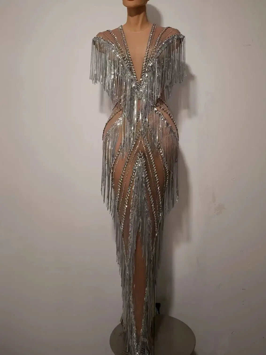 New Women Sexy Mesh Crystal Tassel Sparkly Maxi Dress See Through Gold Silver Party Singer Party Costume Stage Performance Dress
