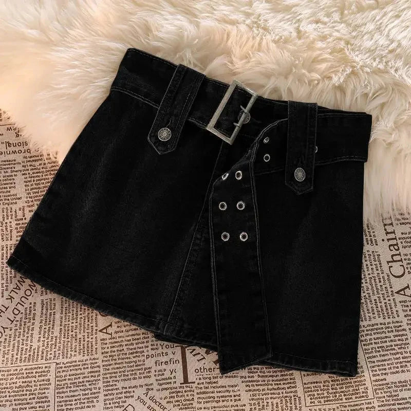 Gidyq Vintage Denim Mini Skirts Women Summer Sexy Solid Belt Jeans Skirts Female Casual Ball Gown Korean Slim A Line Skirts black
