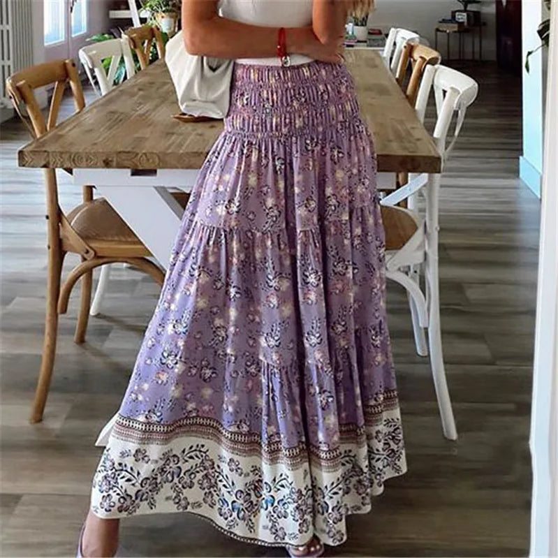 Sweet Style Casual Floral Print Skirts Vestido Summer Women Elastic High Waist Maxi Long Skirts Boho Ladies Holiday Beach Skirts