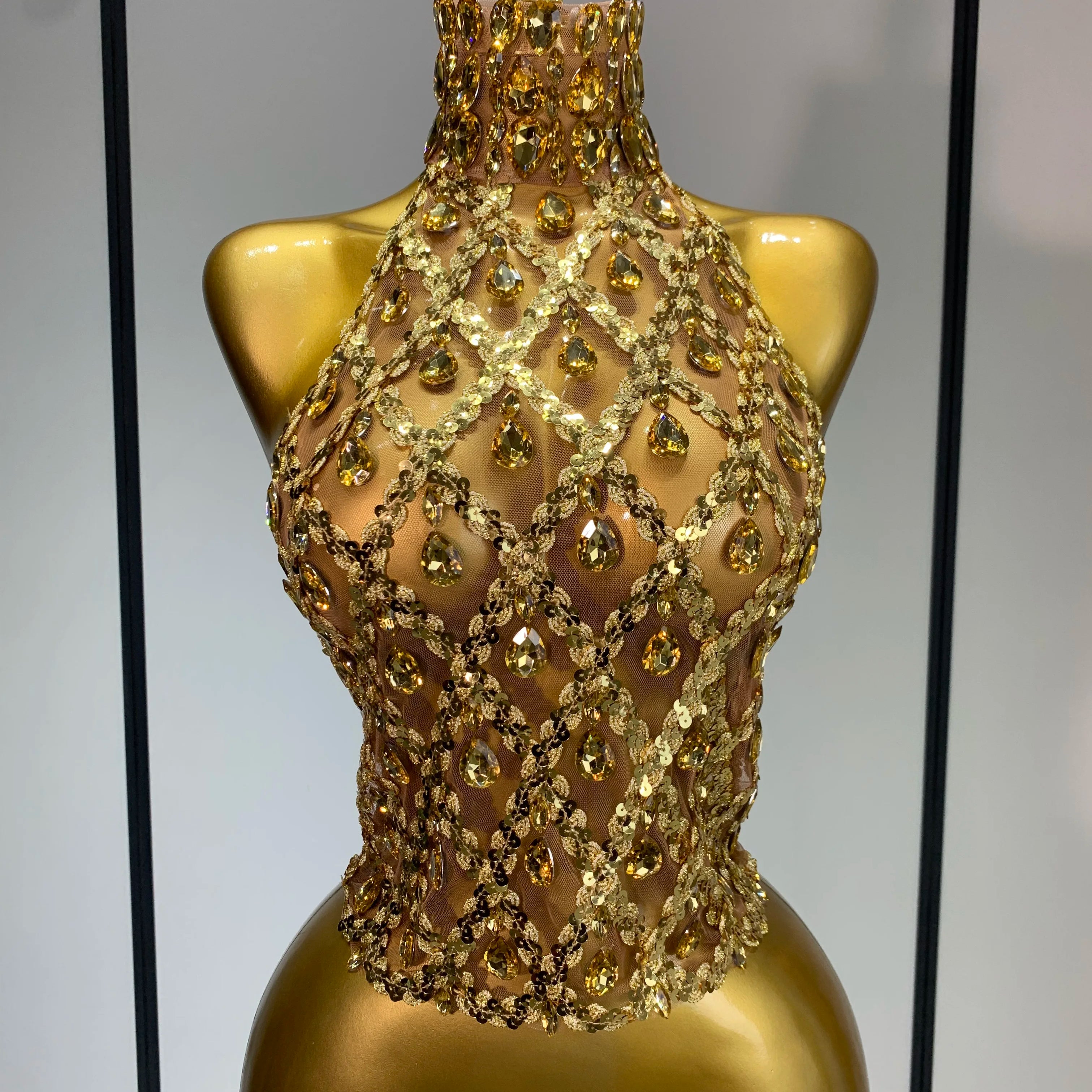 Shining Rhinestones Sexy Transparent Mesh Top Women Evening Party Celebrate Fashion Show Singer Dancer Nightclub Stage Costume