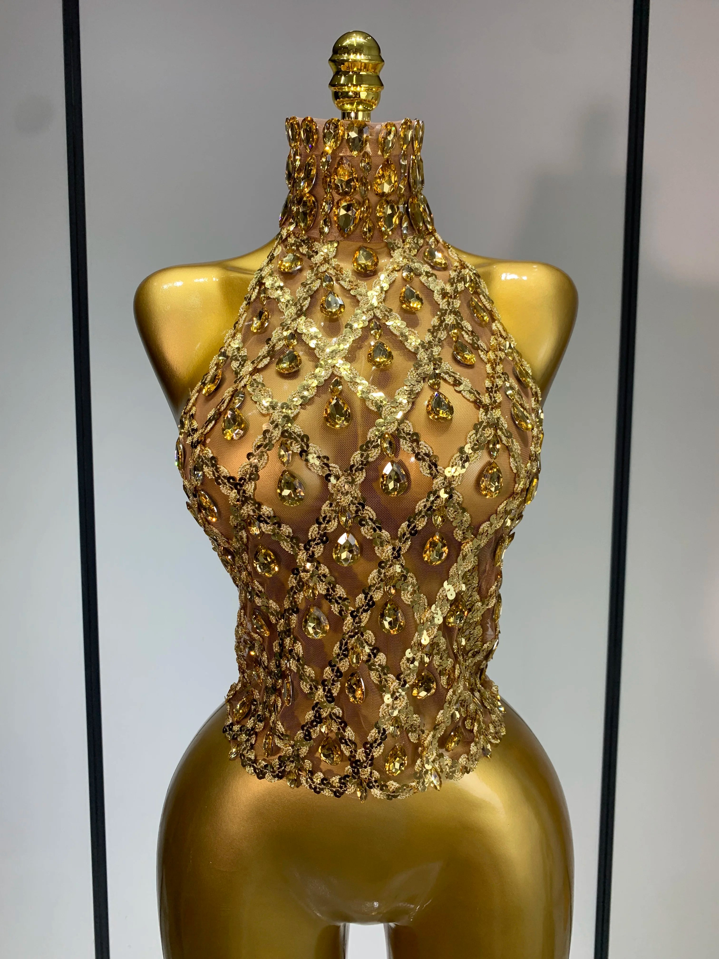 Shining Rhinestones Sexy Transparent Mesh Top Women Evening Party Celebrate Fashion Show Singer Dancer Nightclub Stage Costume