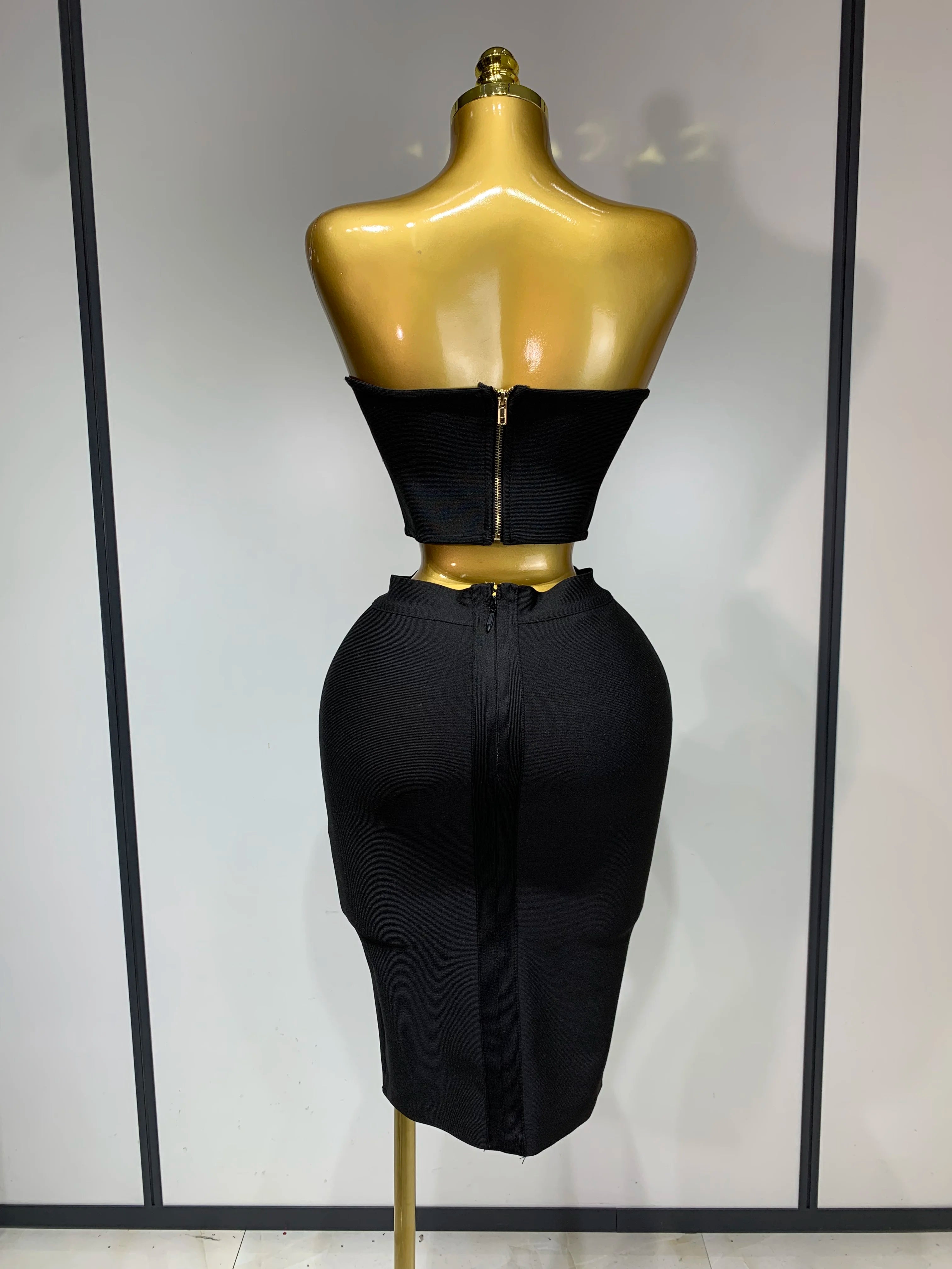 2025 New Arrival Women 3D Flower Black Bodycon Bandage Two Piece Set Designer High Waist Evening Party Club Birthday Skirt Set