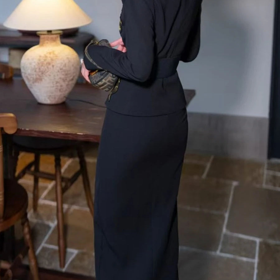 TWOTWINSTYLE Solid Spliced Appliques Two Piece Sets for Women V Neck Long Sleeve Top High Waist Split Skirts Elegant Set Female