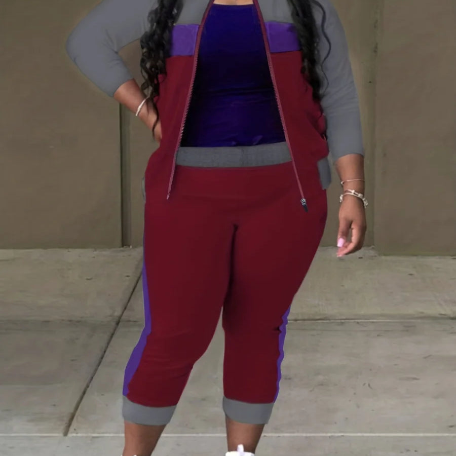 LW Plus Size Zipper Design Patchwork Pants Set Women Color Block Mandarin Collar Tracksuits Long Sleeve Two Pieces Outfits