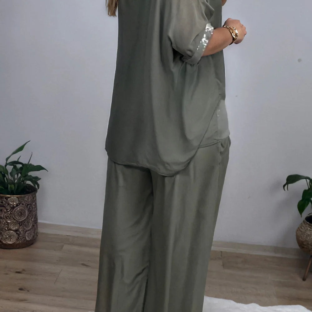 Plus Size Formal Green Elegant Round Neck Half Sleeve Pocket Chiffon Three Piece Sets