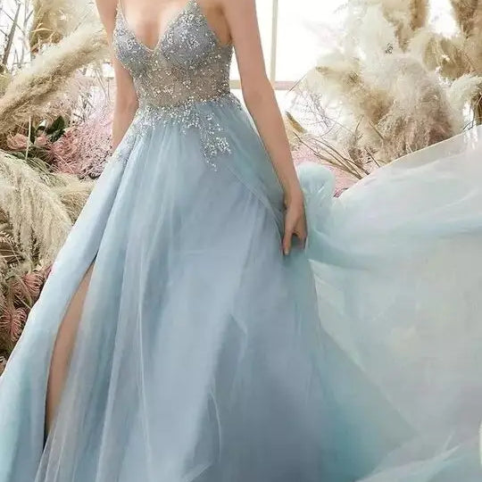 Sexy Prom Dresses with Slit Gorgeous Crystal Beads Backless V Neck Spaghetti Straps Formal Evening Gown