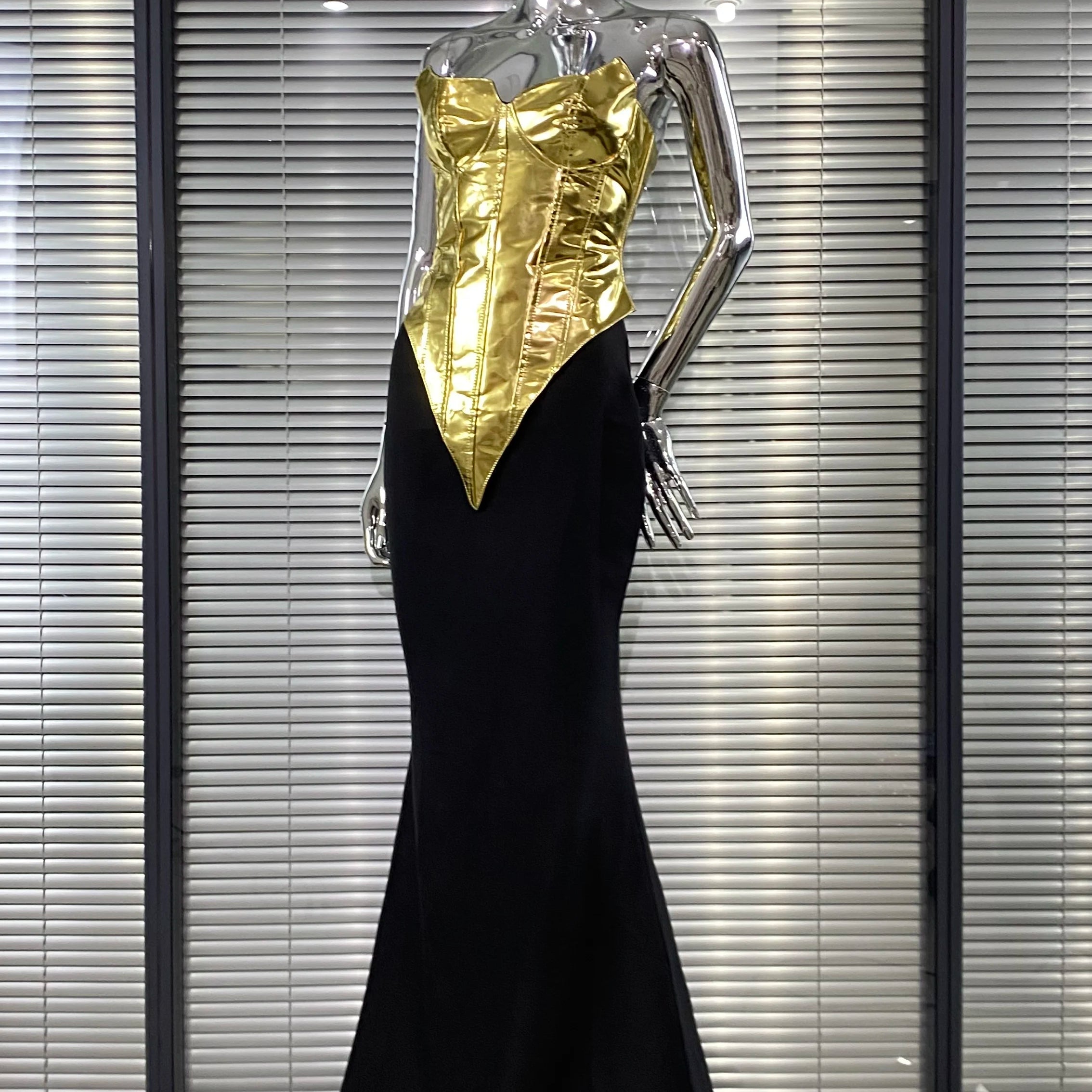 High Quality Women Sexy Gold Laced-up Tops Long Maxi Skirt Set Celebrate Evening Party Nightclub Fashion Cocktail Outfit Dress