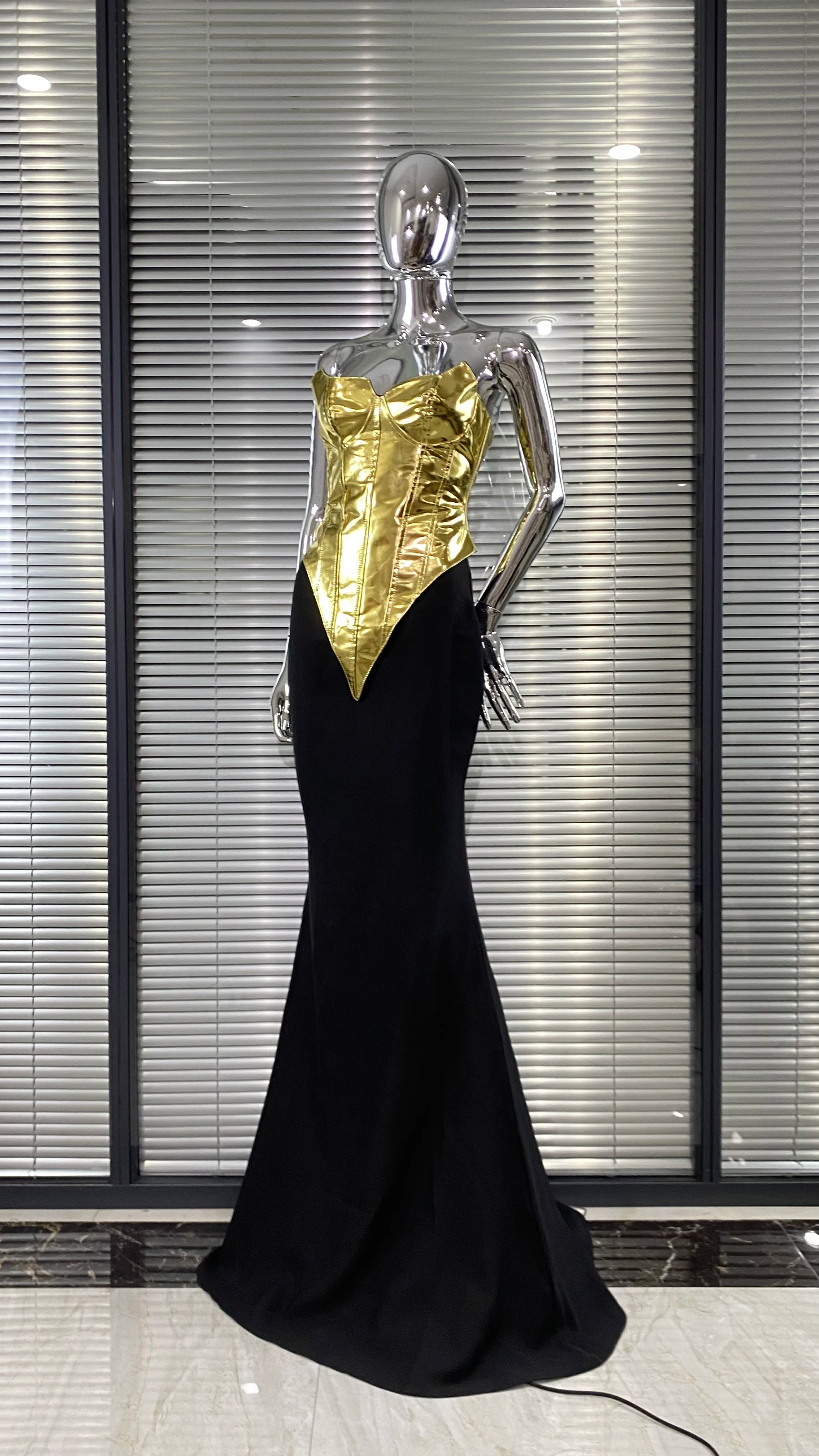 High Quality Women Sexy Gold Laced-up Tops Long Maxi Skirt Set Celebrate Evening Party Nightclub Fashion Cocktail Outfit Dress