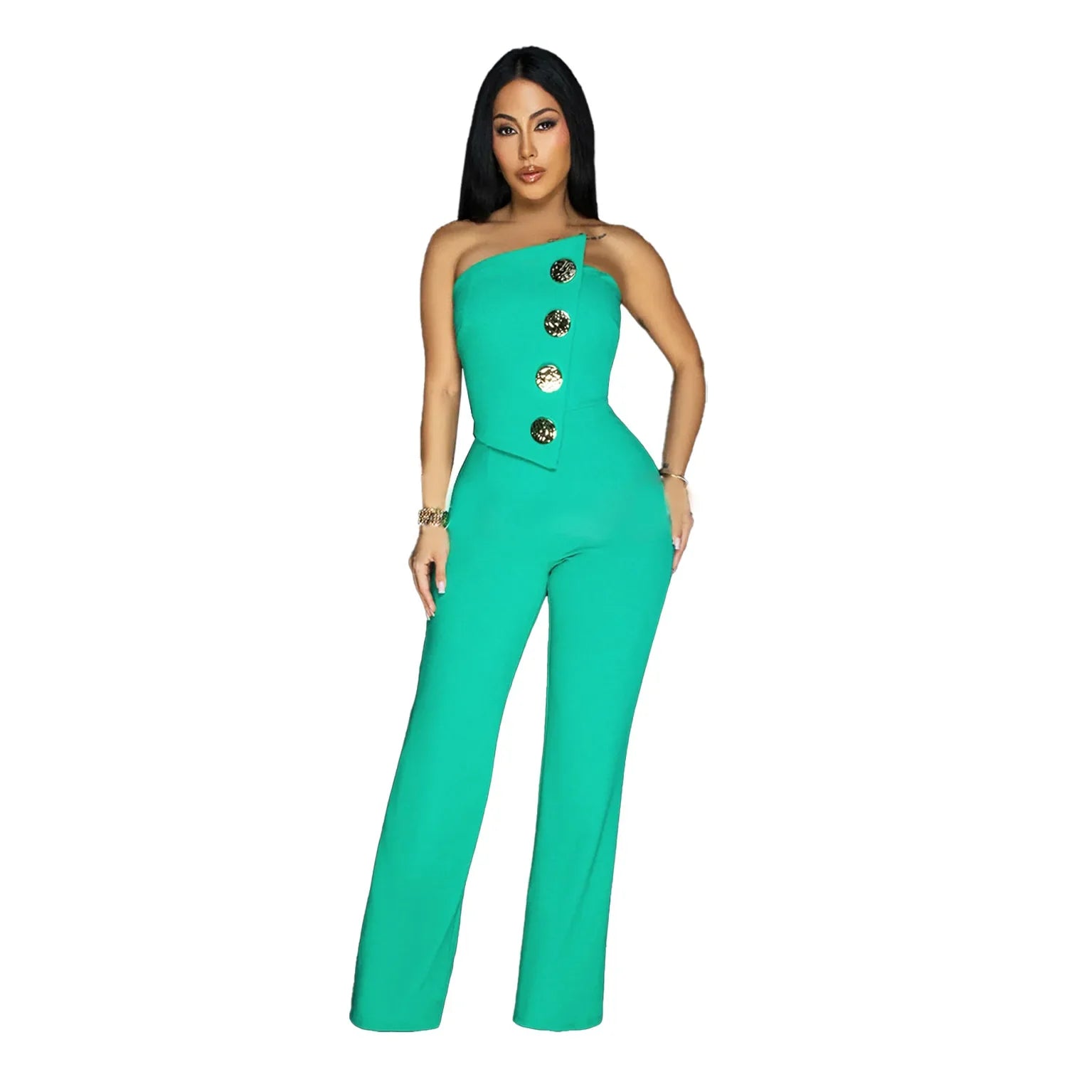 CM.YAYA Women's Elegant Button Strapless Sleeveless Irregular Girl Jumpsuits 2024 Fall Overalls Outfits Night Clubwear One Piece