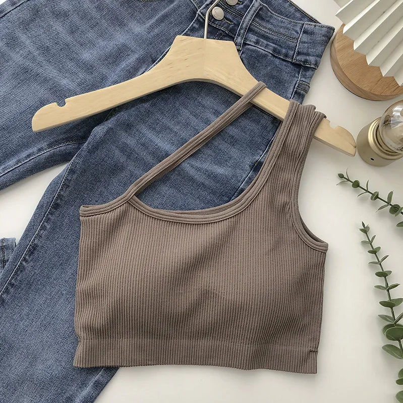 Sexy Tops for Womens Crop Top Woman Solid Color Tank Top Oblique Shoulder Sleeveless Camis Tank Tops for Women Ladies Slim Vest Khaki One Size