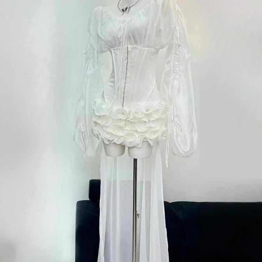 TWOTWINSTYLE Solid Slimming Spliced Lace Up Mini Dresses for Women Slash Neck Long Sleeves Patchwork Fungus Folds Dress Female