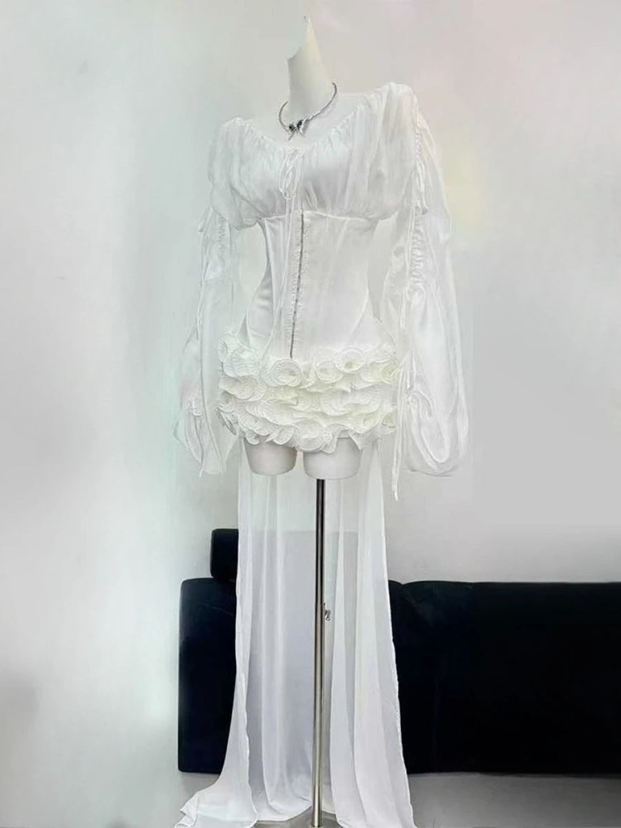 TWOTWINSTYLE Solid Slimming Spliced Lace Up Mini Dresses for Women Slash Neck Long Sleeves Patchwork Fungus Folds Dress Female