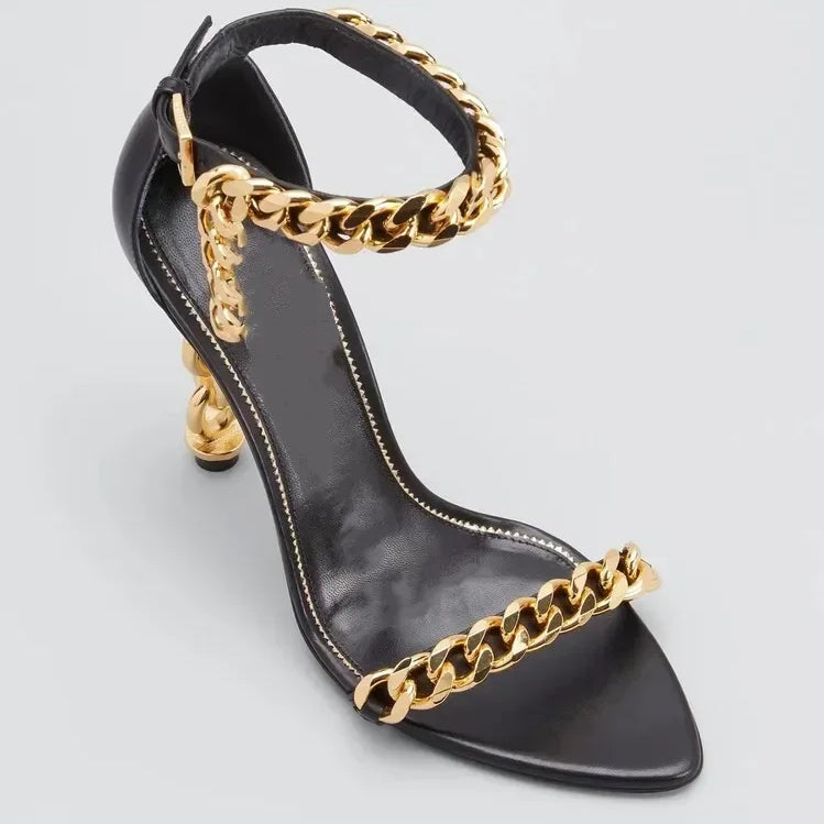 European and American Summer New Metal Chain High Heel Sandals Fashion Show One Line Sexy Open Teeth Women's Sandals