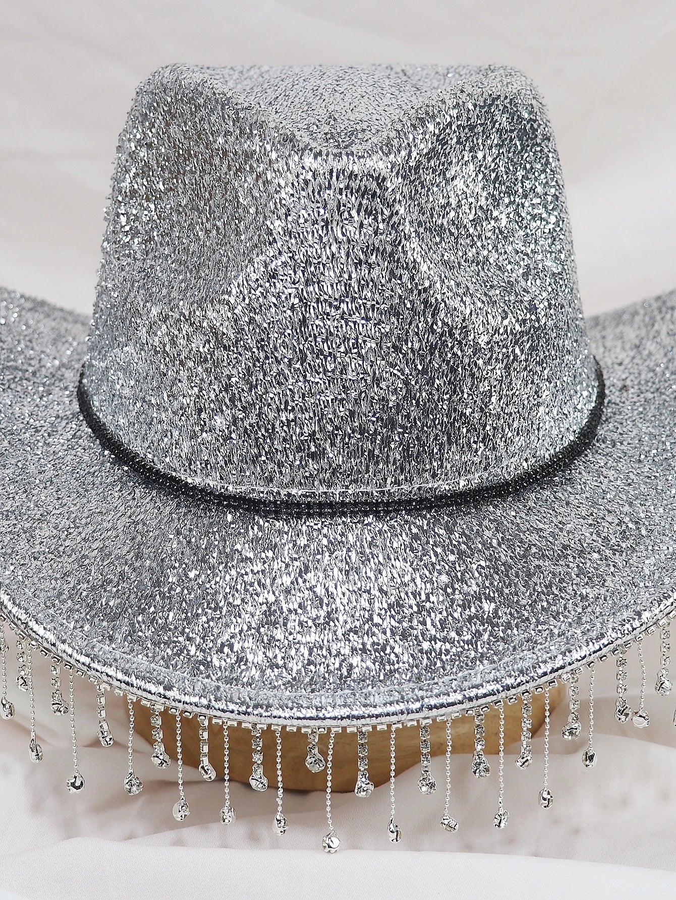 Silver Lady Western Cowboy Hat Rhinestone Tassel Party Hat Stylish Soft Duffle Hat Wide Brim Shade Outdoor Casual