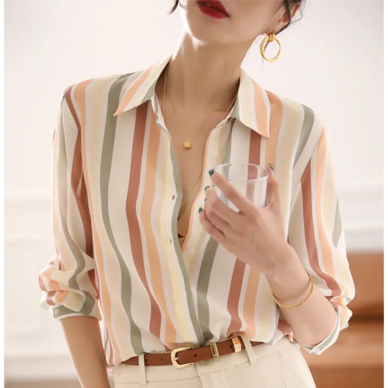 Stripe Women Shirt Satin Vintage Shirt for Women Autumn Clothes Korean Fashion Shirts and Blouses Basic Elegant Womens Tops