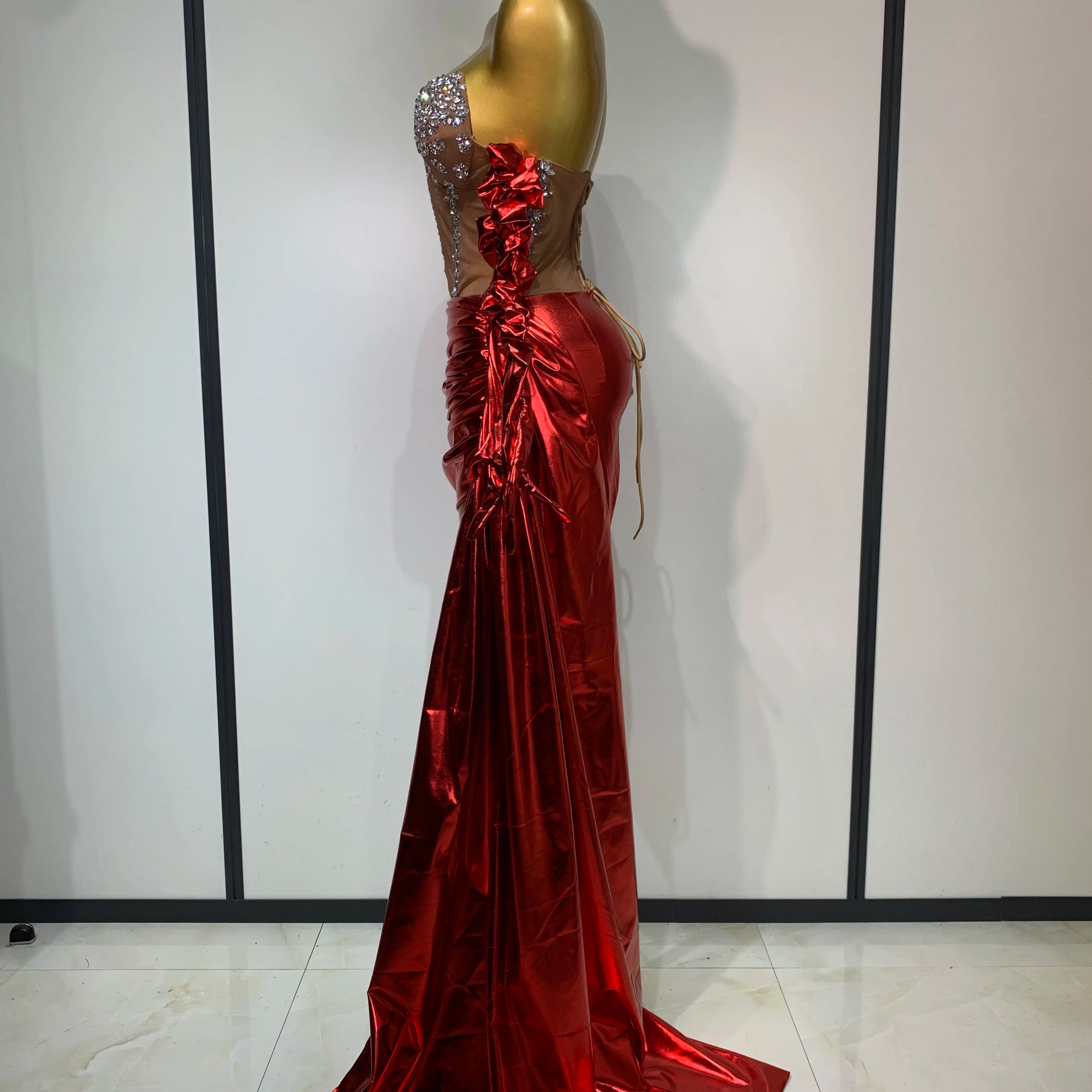 Sparkly Diamonds Sexy Mesh See Through Mini Dress Glove Women Celebrate Party Luxury Birthday Nightclub Perform Stage Outfit