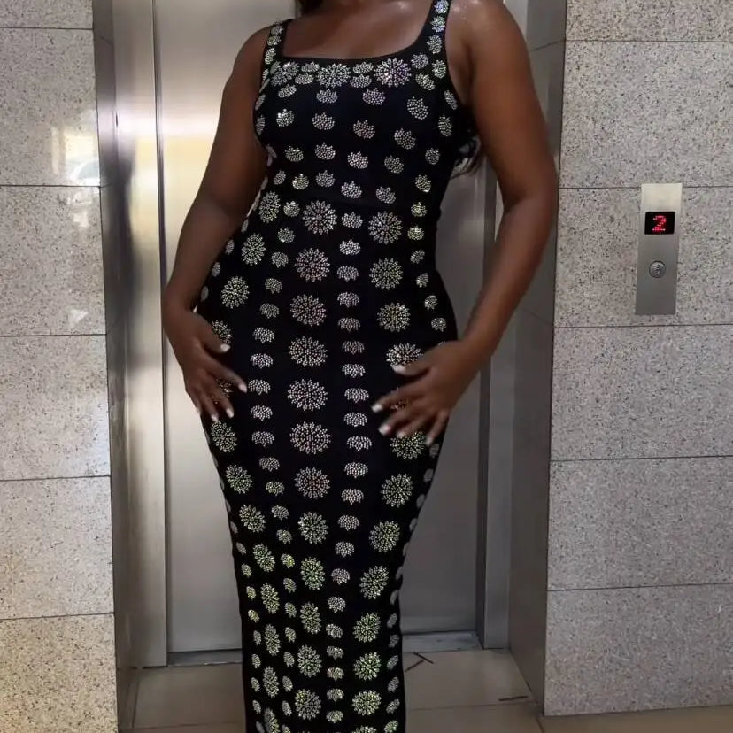 Shinning Rhinestones Women Sleeveless Sexy O-Neck Bodycon Long Bandage Dress Fashion Celebrate Evening Party Cocktail Dress