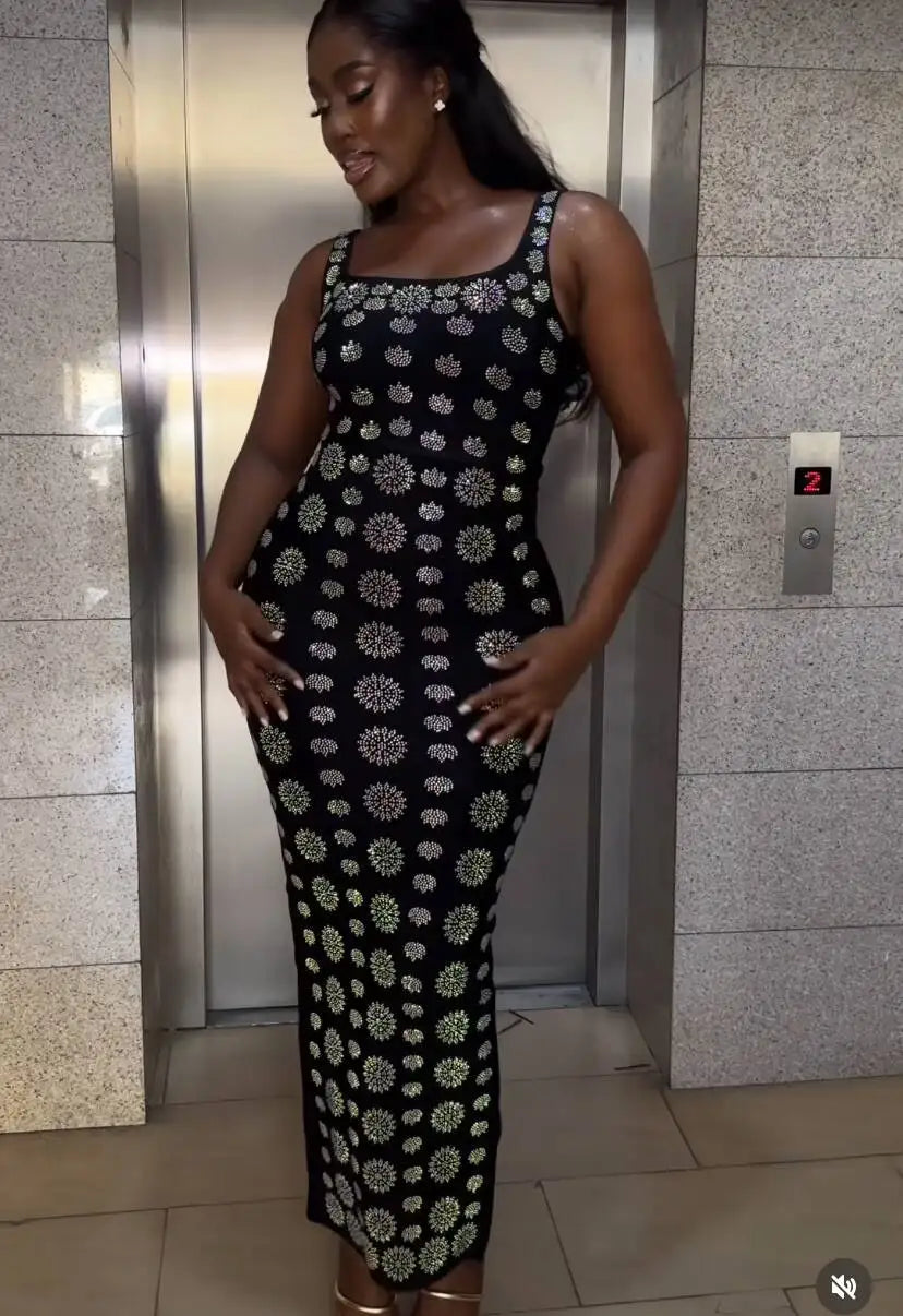 Shinning Rhinestones Women Sleeveless Sexy O-Neck Bodycon Long Bandage Dress Fashion Celebrate Evening Party Cocktail Dress